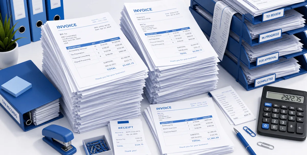 Stack of invoices processed by automated AP software