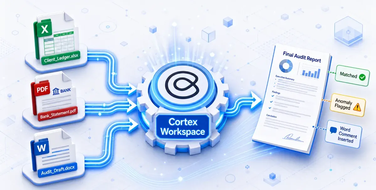 Cortex Workspace cross-document tax audit review — Word, Excel, and PDF processing flow